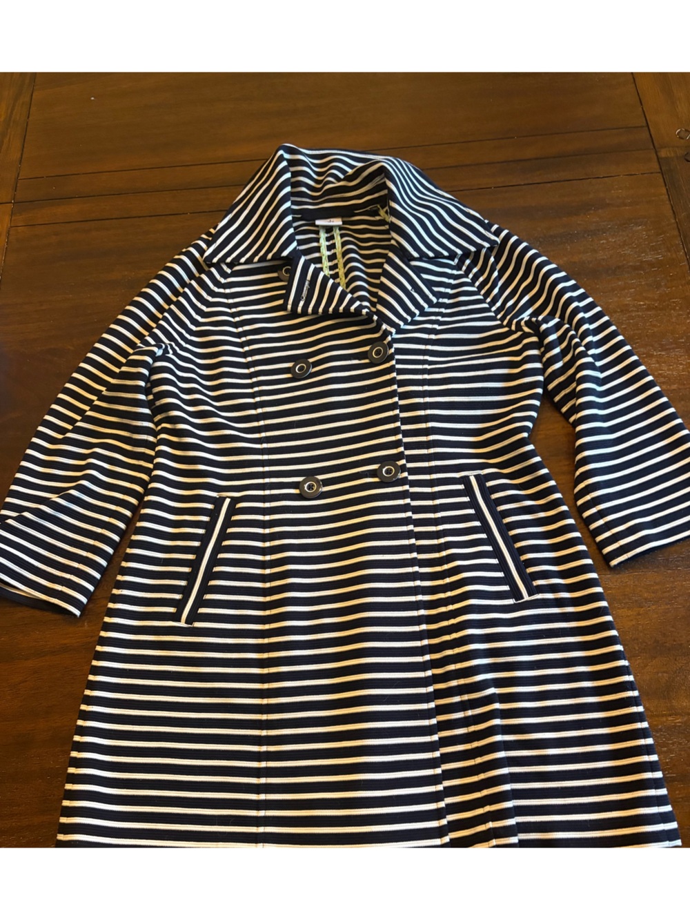 Cabi Striped Long Blazer Jacket Size M Navy White Button Front Stretch Career